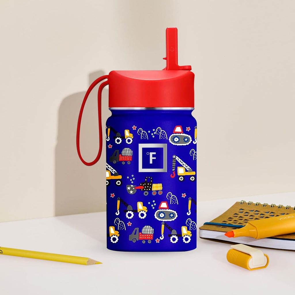 Kids Water Bottle - Straw Lid, 20 Name Stickers, Vacuum Insulated Stainless Steel, Double Walled Tumbler Travel Cup, Mug - Dino Mates, 10 Oz
