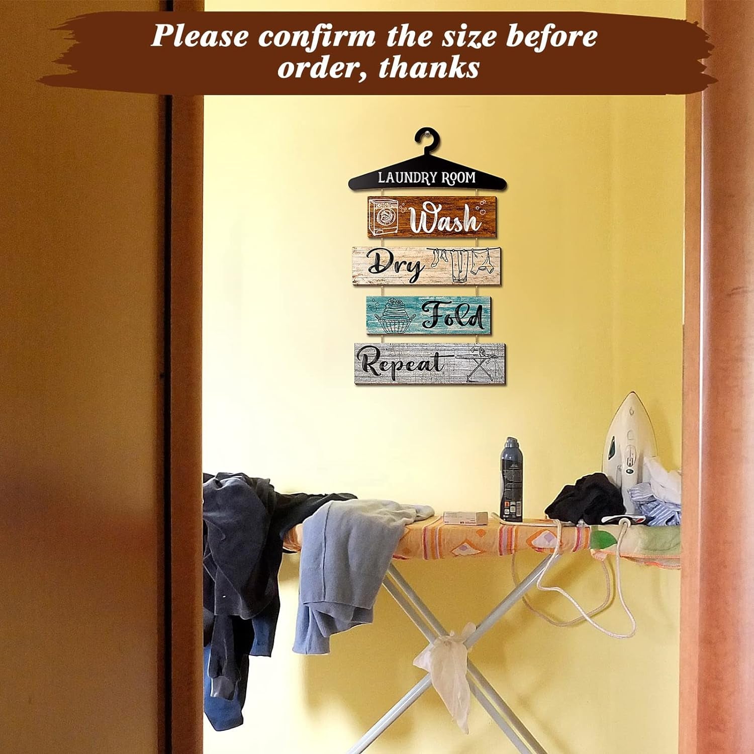 5 Pieces Laundry Room Decor Rustic Vintage Farmhouse Room Rules Hanging Sign Wooden Wash Dry Fold Repeat Laundry Accessories for Bathroom,Home 19.7 X 11 Inch(Multicolored Backing)