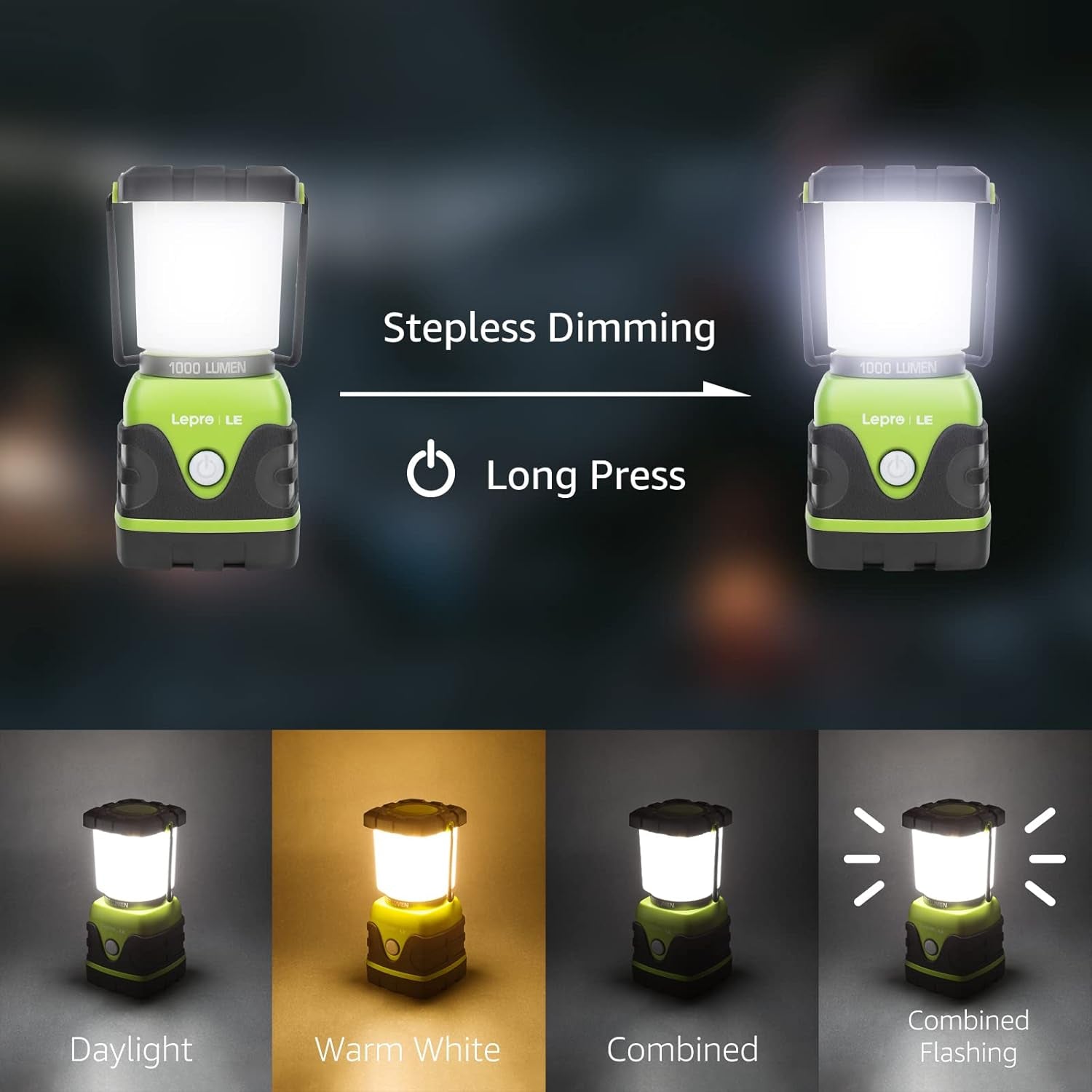 1000LM Battery Powered LED Camping Lantern, Green Tent Light with 4 Light Modes, Camping Essentials, Waterproof Lantern Flashlight for Camping, Emergency Light, Power Outages, Not Rechargeable