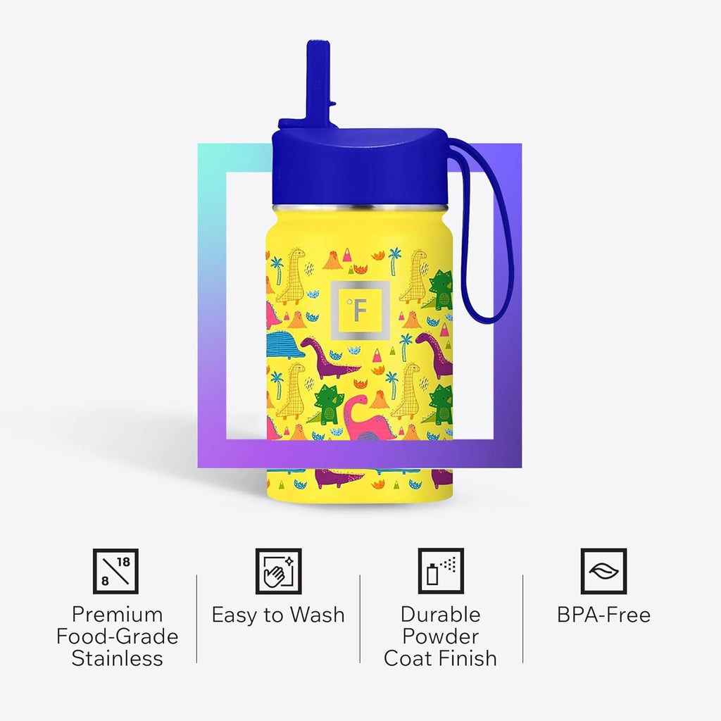 Kids Water Bottle - Straw Lid, 20 Name Stickers, Vacuum Insulated Stainless Steel, Double Walled Tumbler Travel Cup, Mug - Dino Mates, 10 Oz