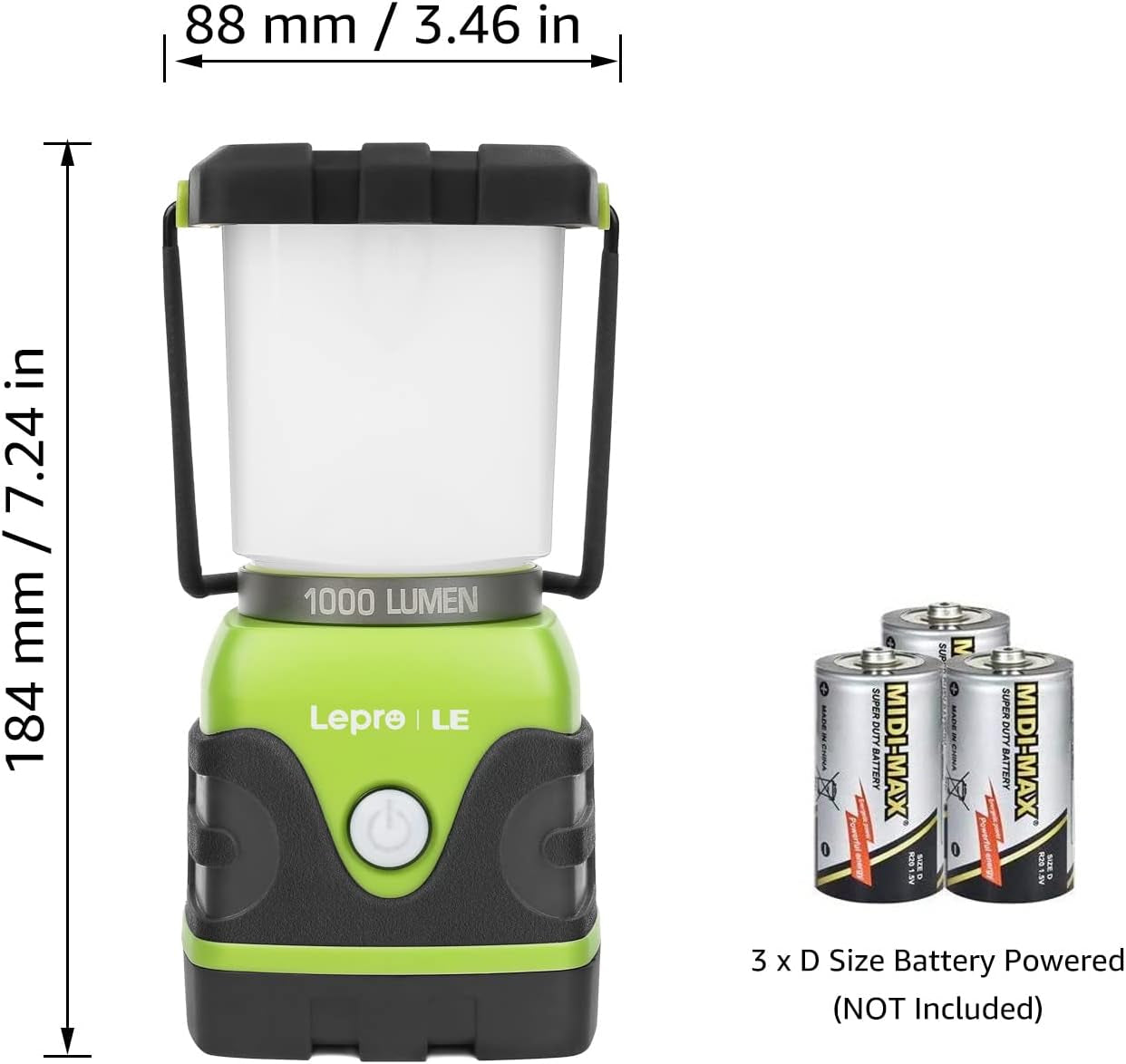 1000LM Battery Powered LED Camping Lantern, Green Tent Light with 4 Light Modes, Camping Essentials, Waterproof Lantern Flashlight for Camping, Emergency Light, Power Outages, Not Rechargeable