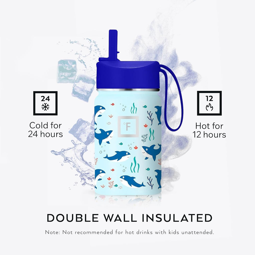 Kids Water Bottle - Straw Lid, 20 Name Stickers, Vacuum Insulated Stainless Steel, Double Walled Tumbler Travel Cup, Mug - Dino Mates, 10 Oz