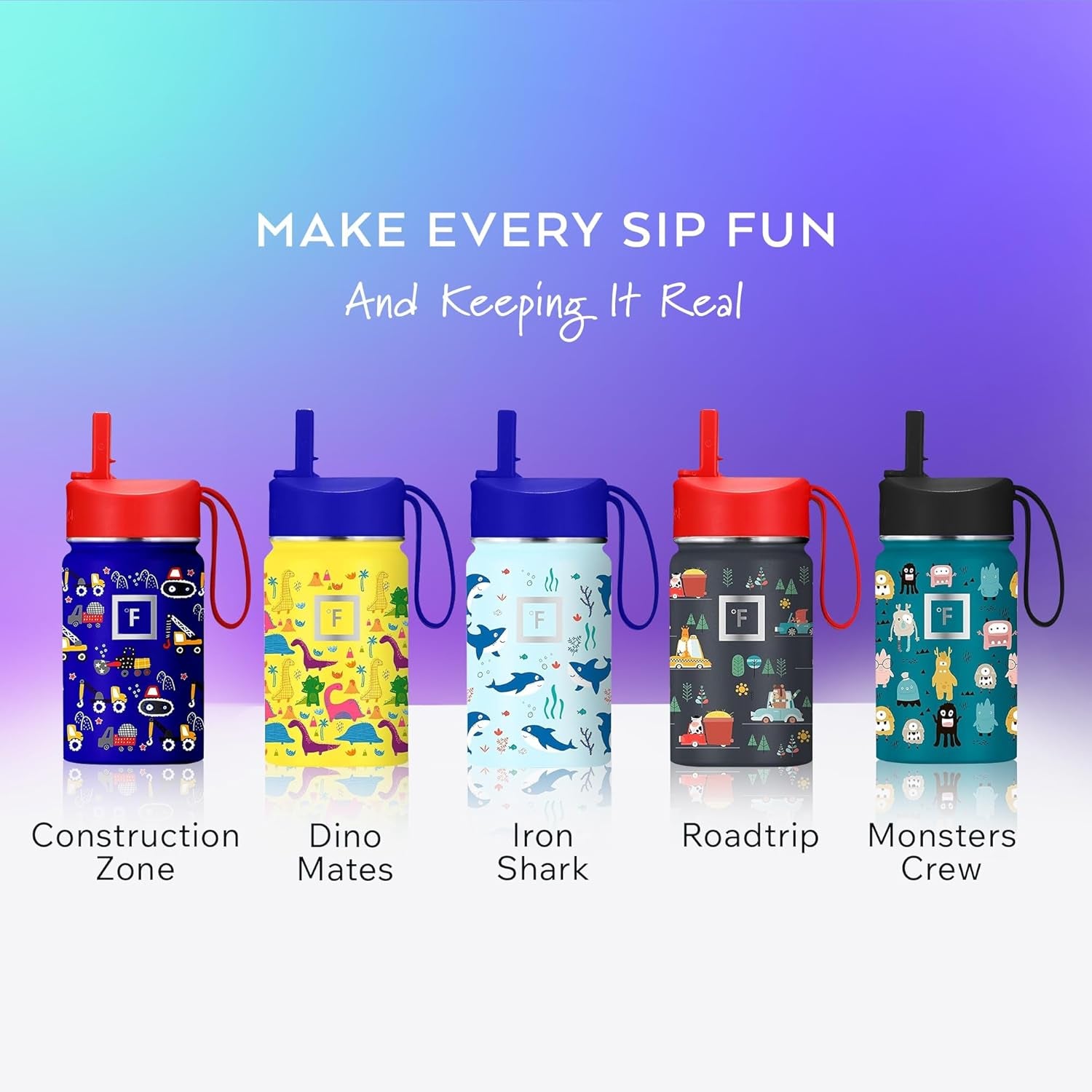 Kids Water Bottle - Straw Lid, 20 Name Stickers, Vacuum Insulated Stainless Steel, Double Walled Tumbler Travel Cup, Mug - Dino Mates, 10 Oz